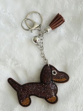 Brown Rhinestone Dachshund Keychain with Tassel - Fashion Bag Charm